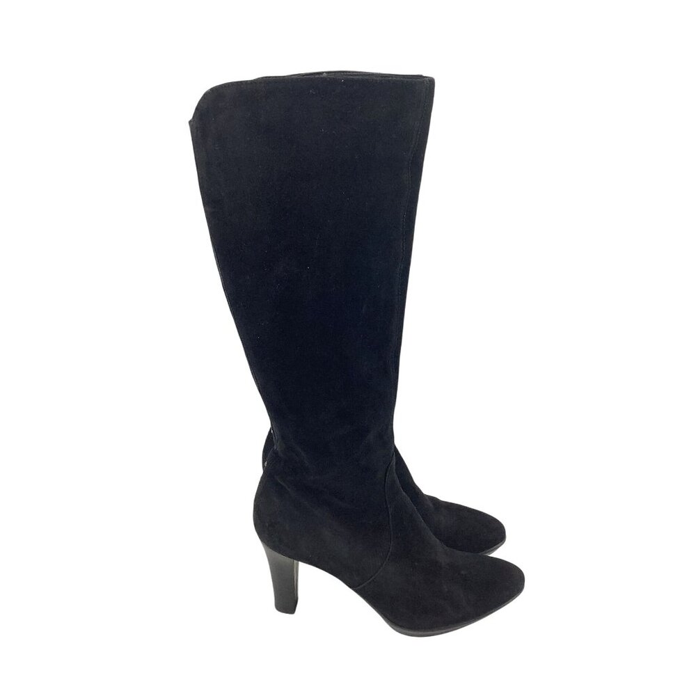 Aquatalia Black Suede Knee-High Boots 3-Inch Heels & Studded Back Detail Size 6 - Picture 2 of 7